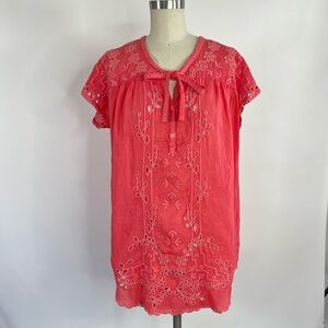 Johnny Was coral eyelet summer boho embroidered ethnic silk retro top XS